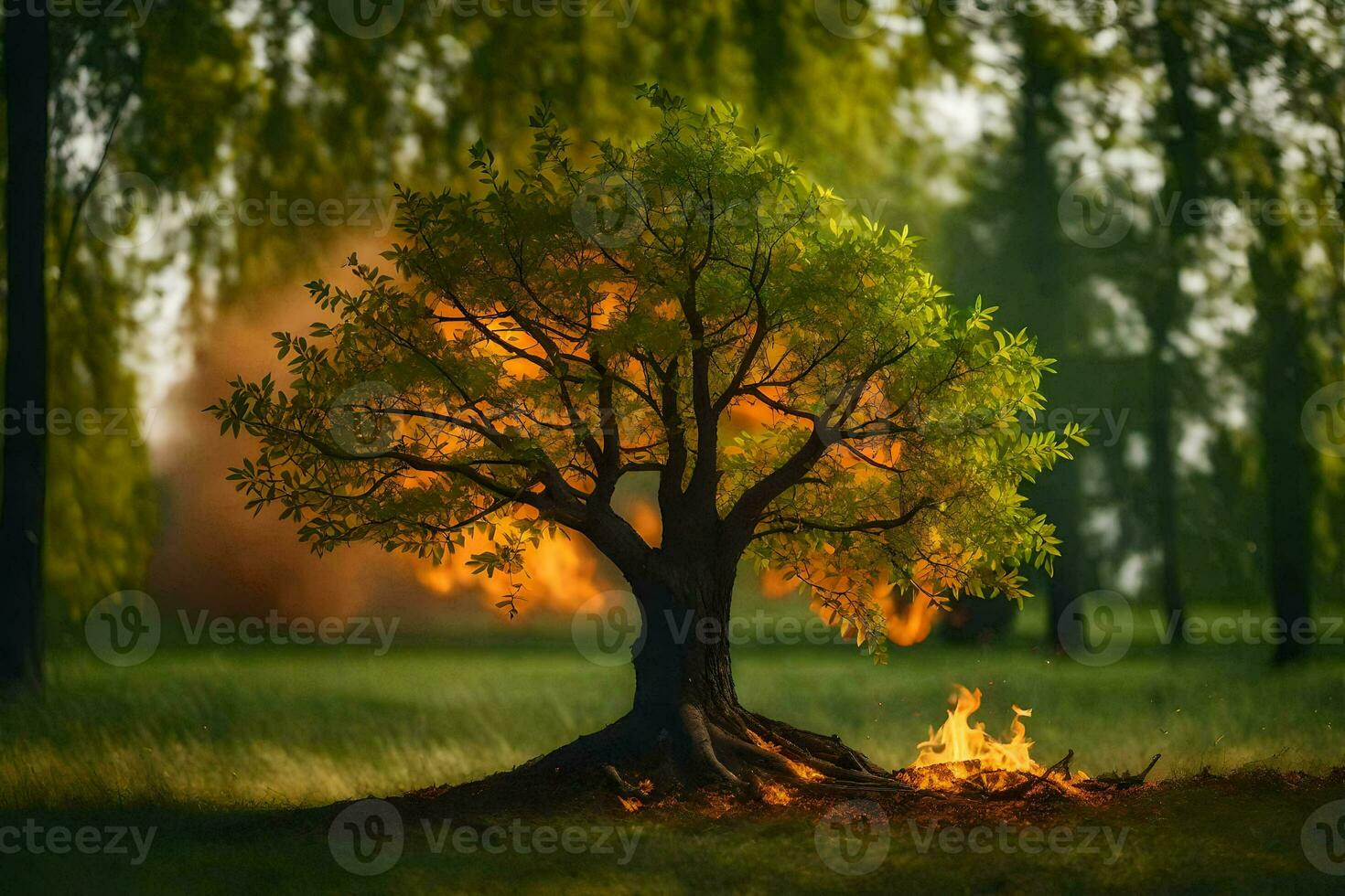 a tree with flames coming out of it in the middle of a field. AI-Generated photo