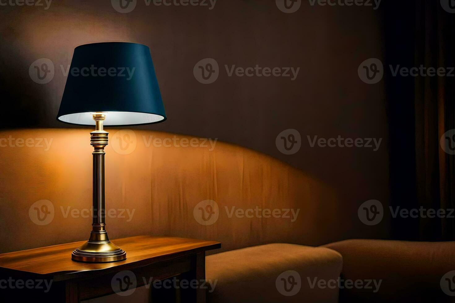 a lamp on a table in front of a couch. AI-Generated photo