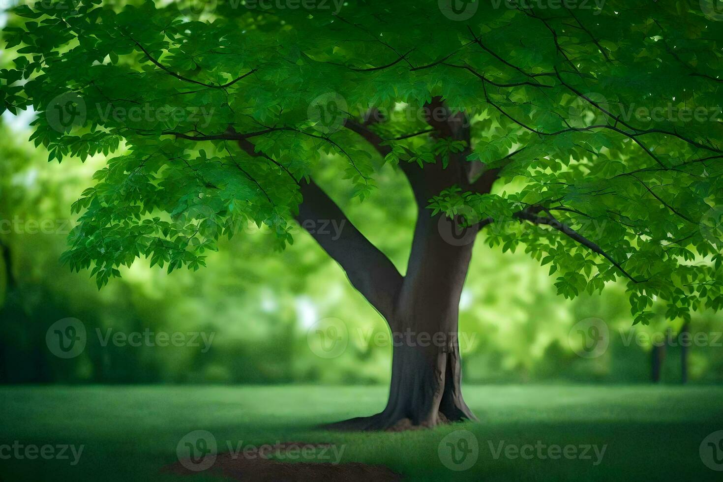 a tree in the middle of a green field. AI-Generated photo