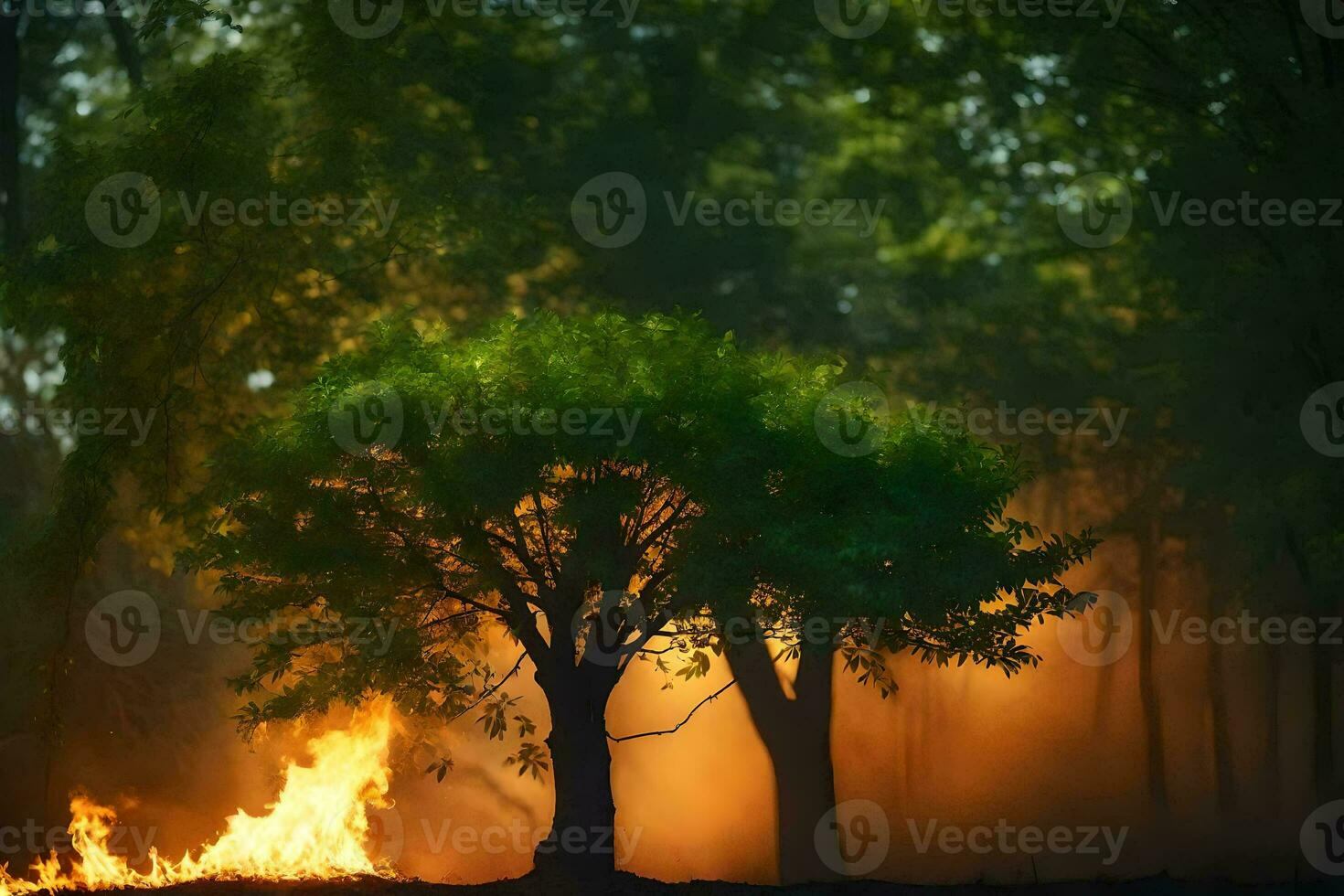 a tree is burning in the middle of a forest. AI-Generated photo