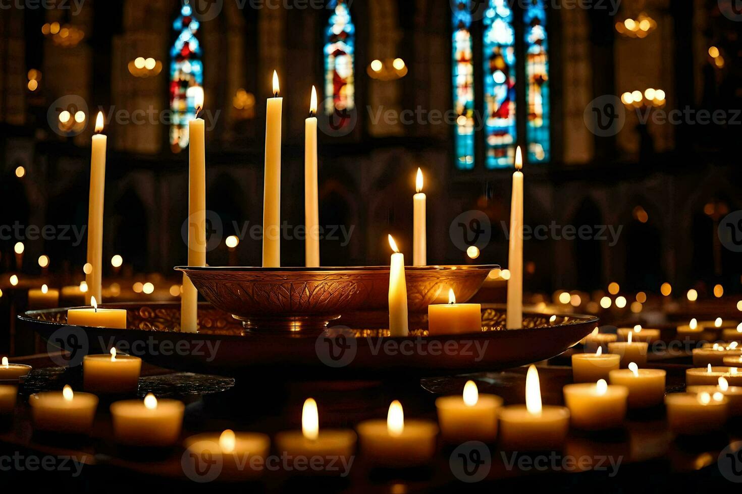 candles are lit in a church with candles in the background. AI-Generated photo