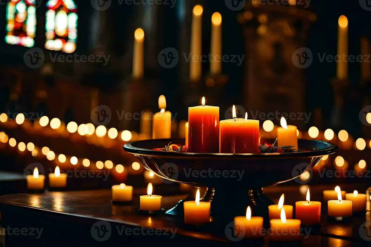 candles are lit in a church with candles in the background. AI-Generated photo