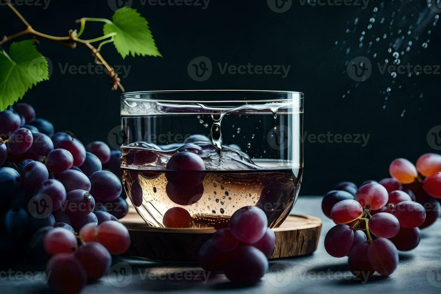 a glass of water with grapes on a dark background. AI-Generated photo
