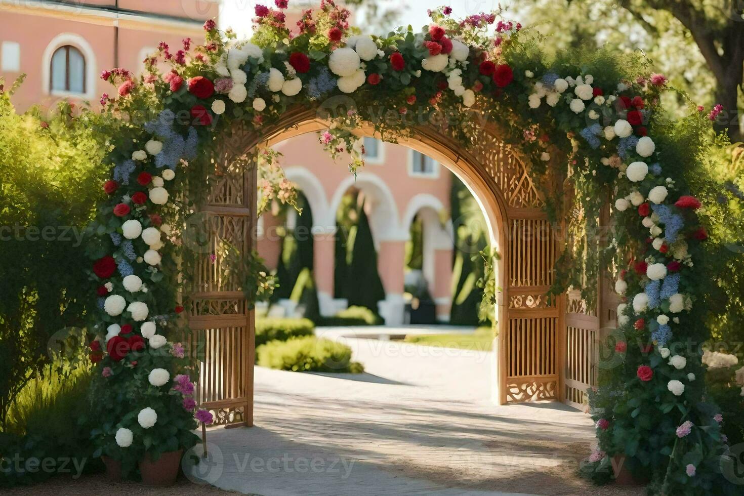 an archway with flowers and greenery. AI-Generated photo