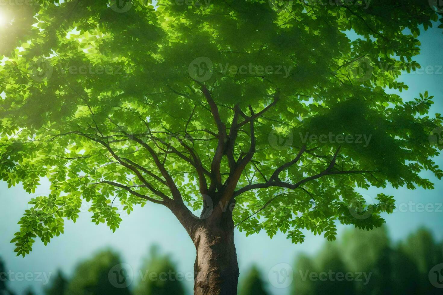 a tree with green leaves and sunlight shining through. AI-Generated photo