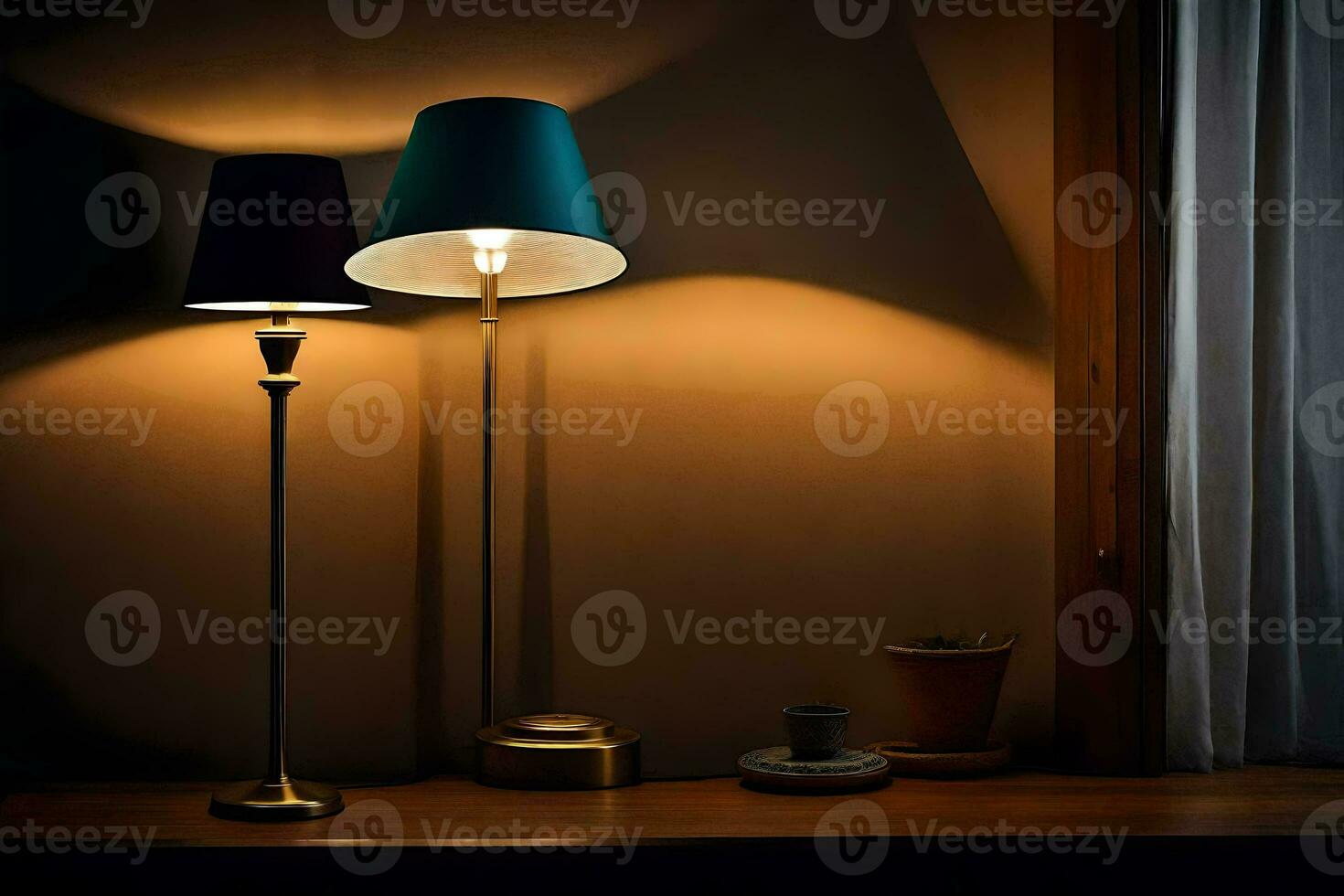 two lamps on a table in front of a window. AI-Generated photo