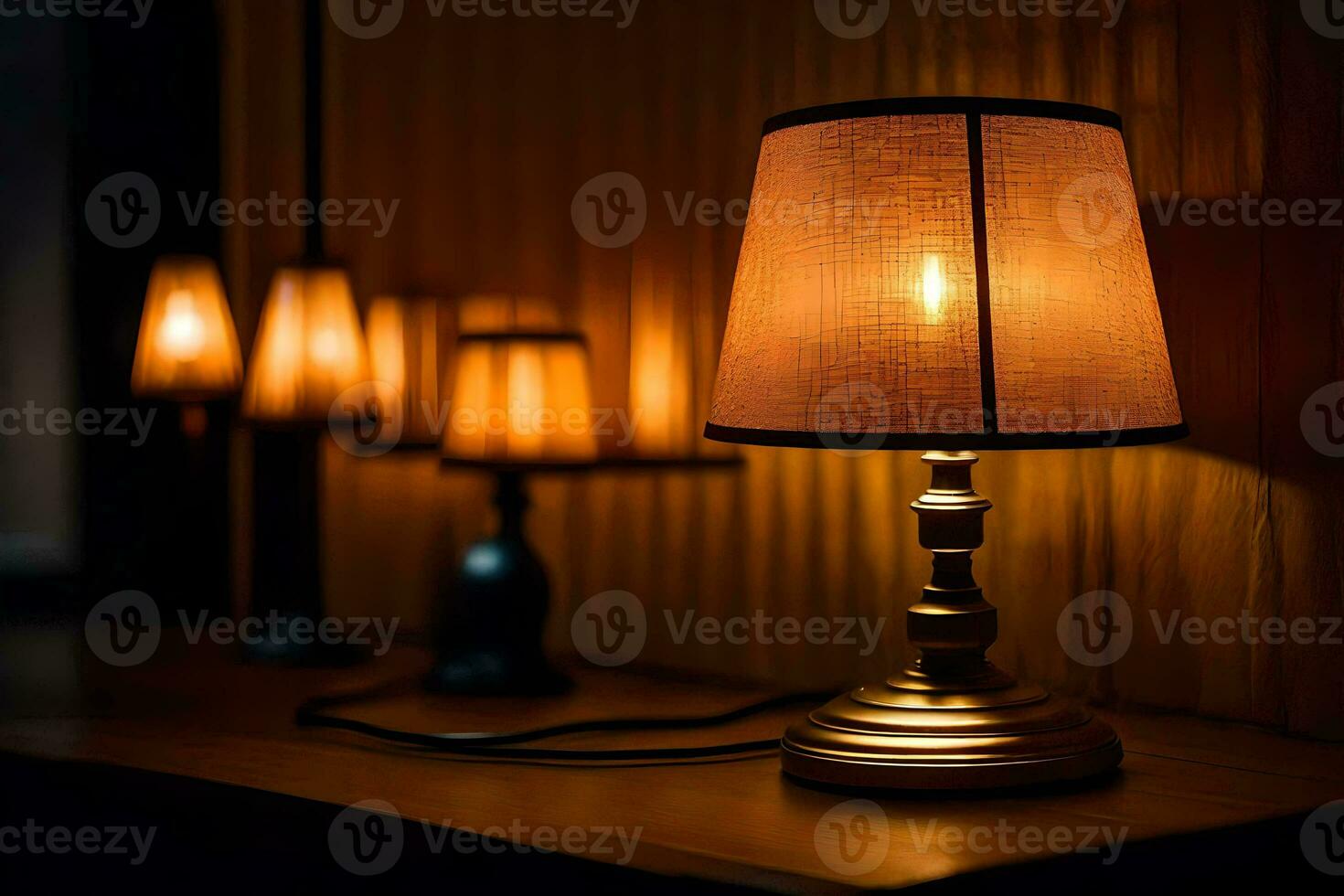 a table lamp with a shade on it in a dark room. AI-Generated photo