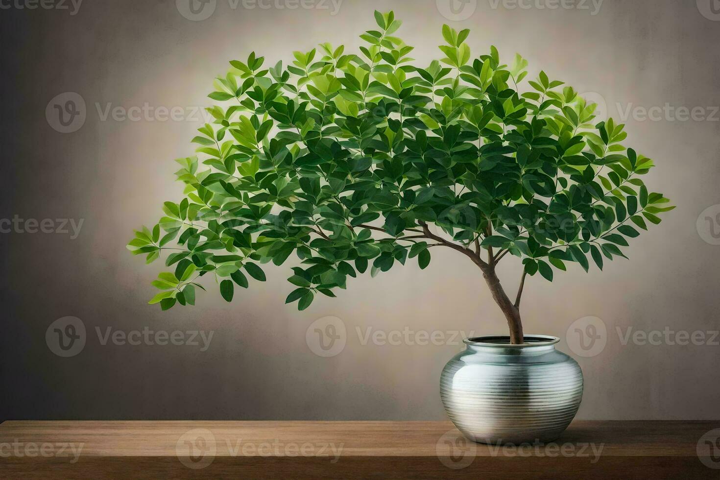 a small potted plant in a silver vase on a table. AI-Generated photo