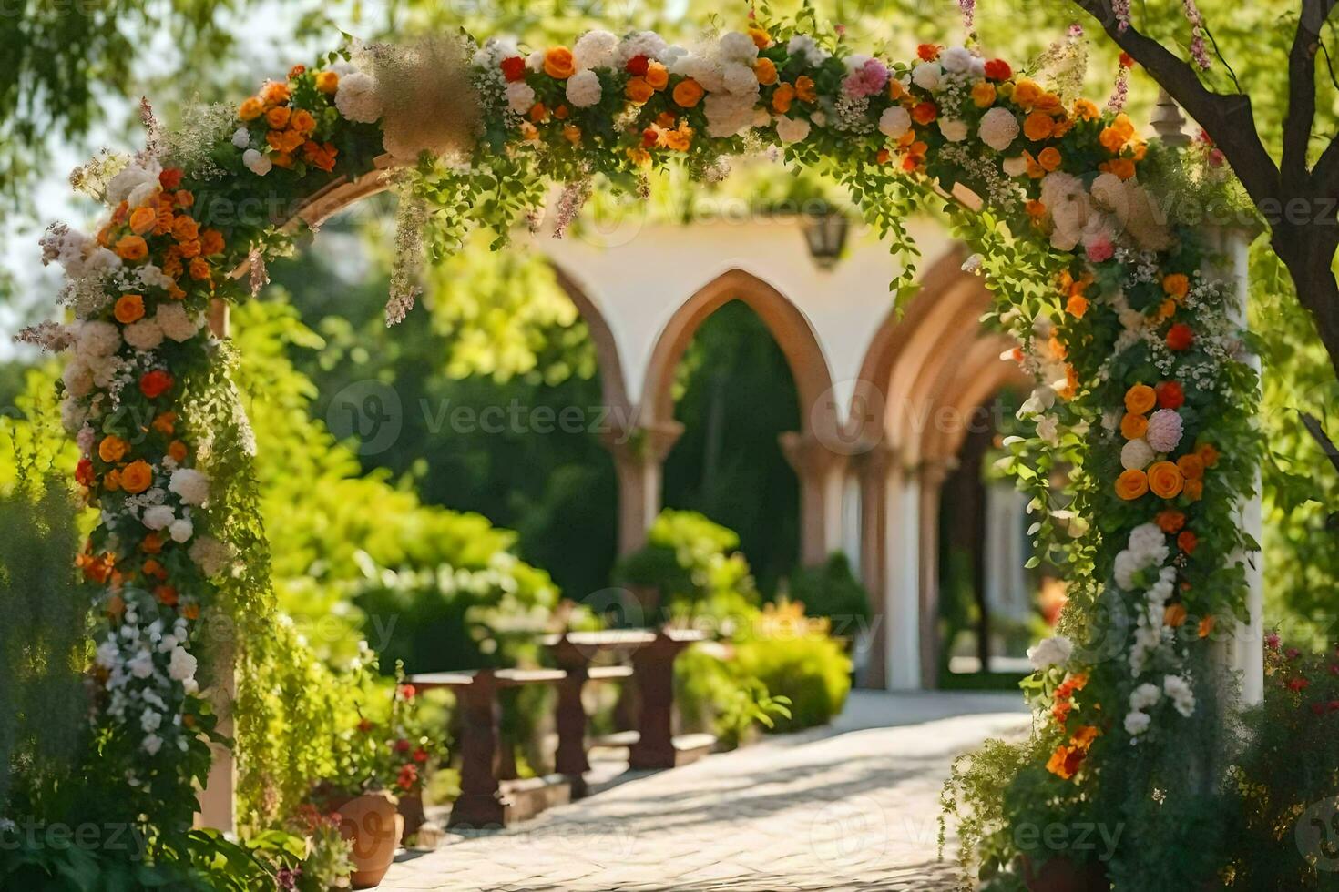 an archway with flowers and greenery. AI-Generated photo