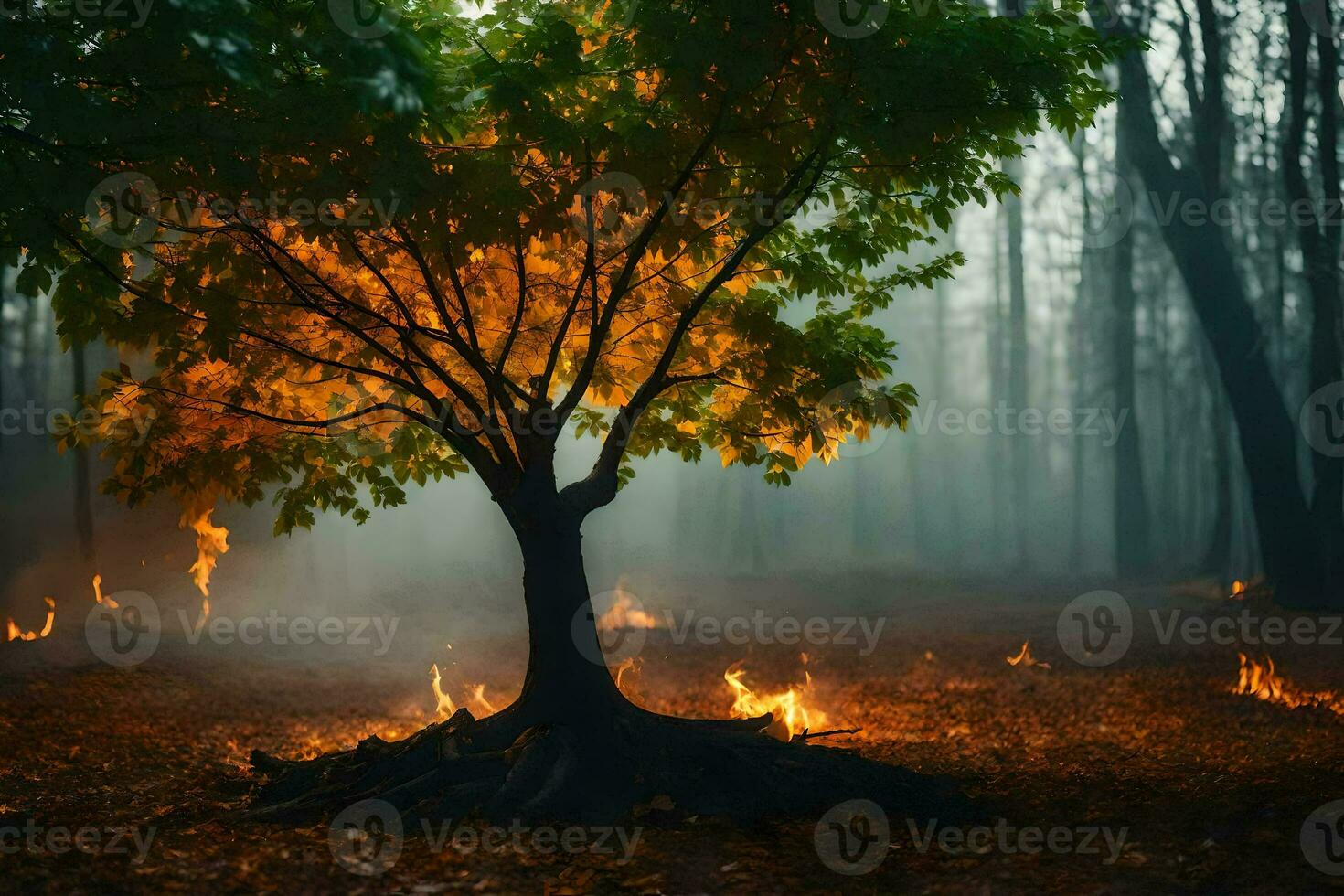 a tree in the middle of a forest with flames coming out of it. AI-Generated photo