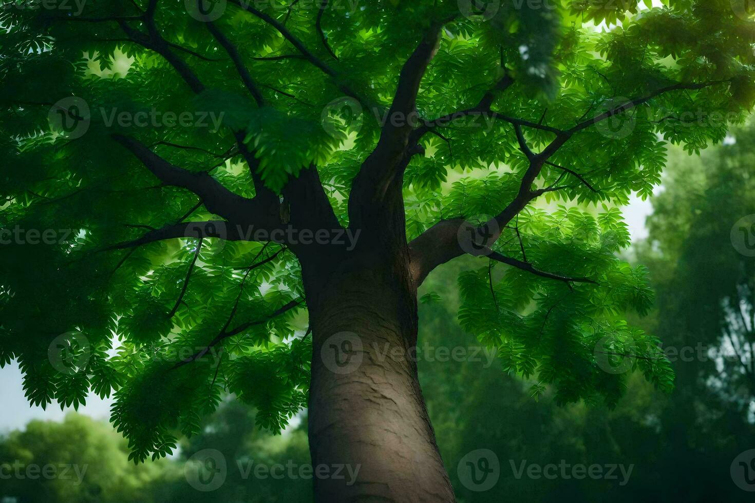 a tree in the forest with green leaves. AI-Generated photo