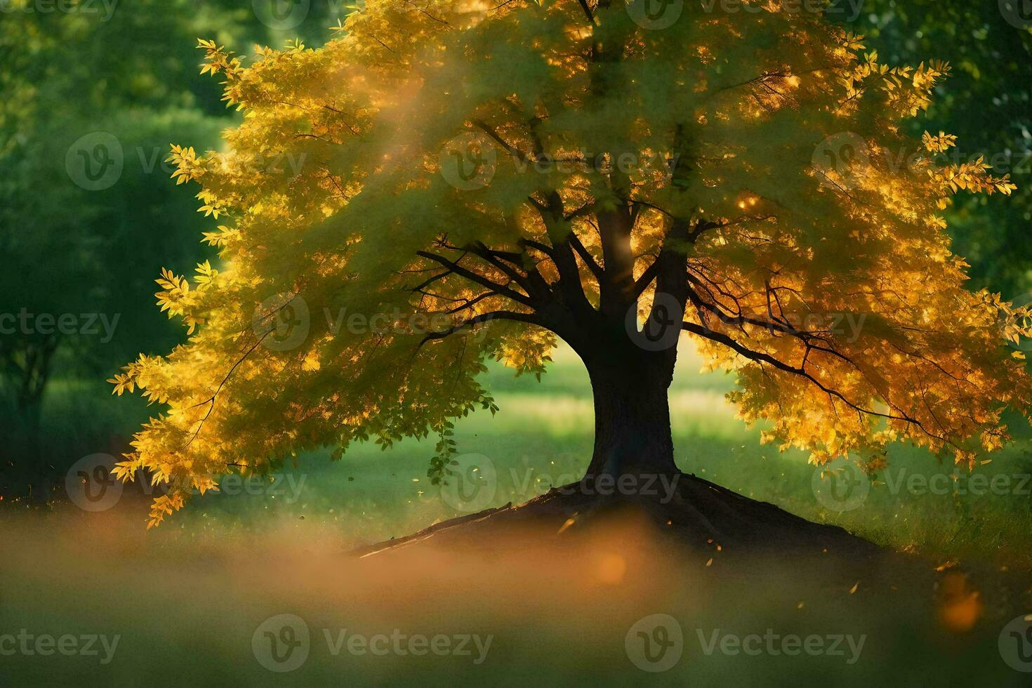 a single tree in the middle of a field. AI-Generated photo