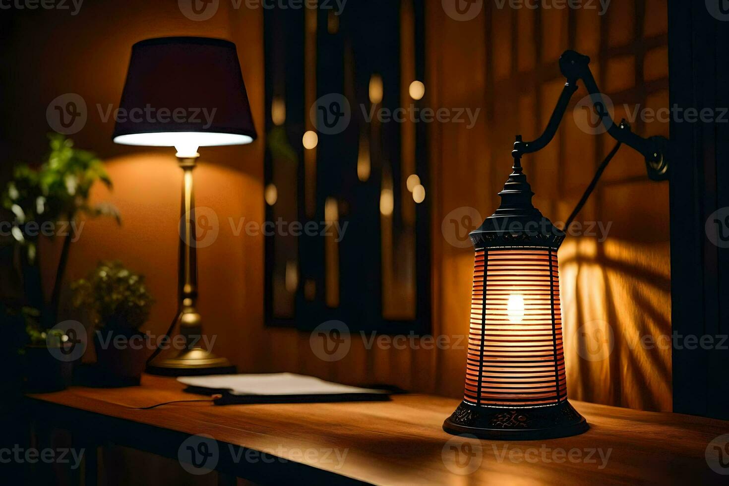 a lamp is lit on a table next to a lamp. AI-Generated photo
