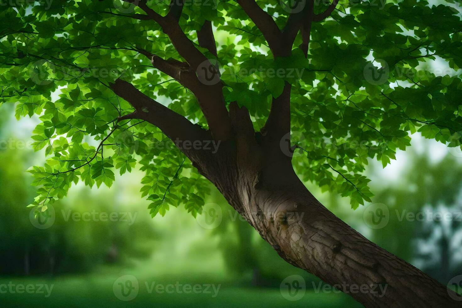 a tree with green leaves in front of a green field. AI-Generated photo