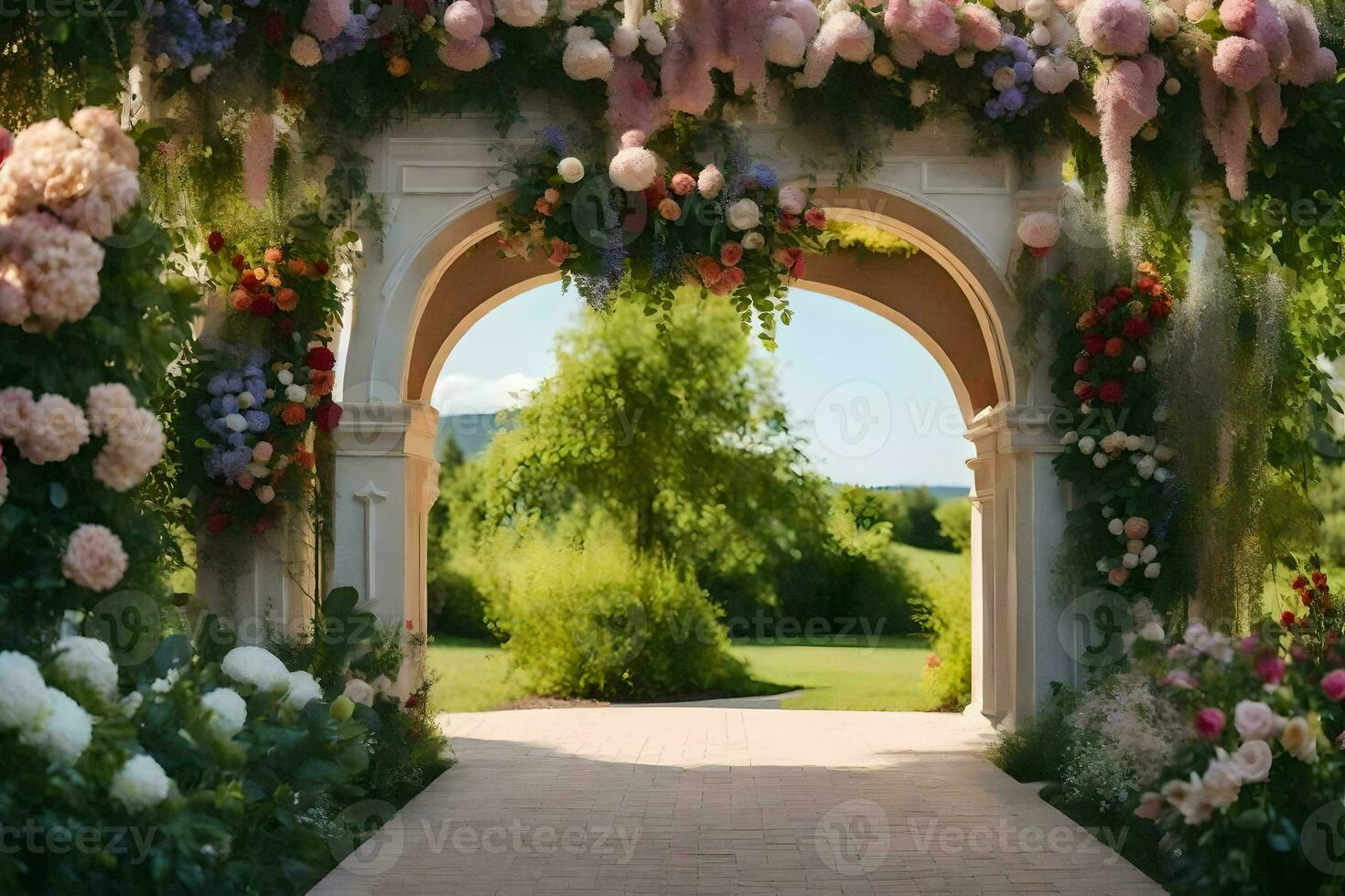 a walkway with flowers and archway. AI-Generated photo