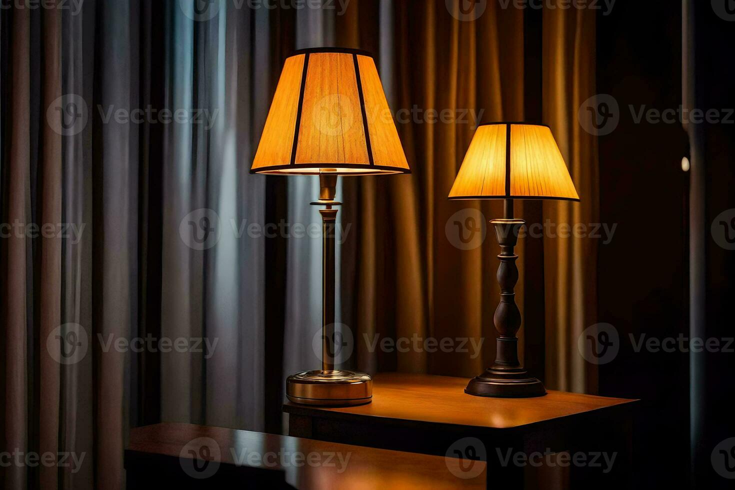 two lamps on a table in front of curtains. AI-Generated photo