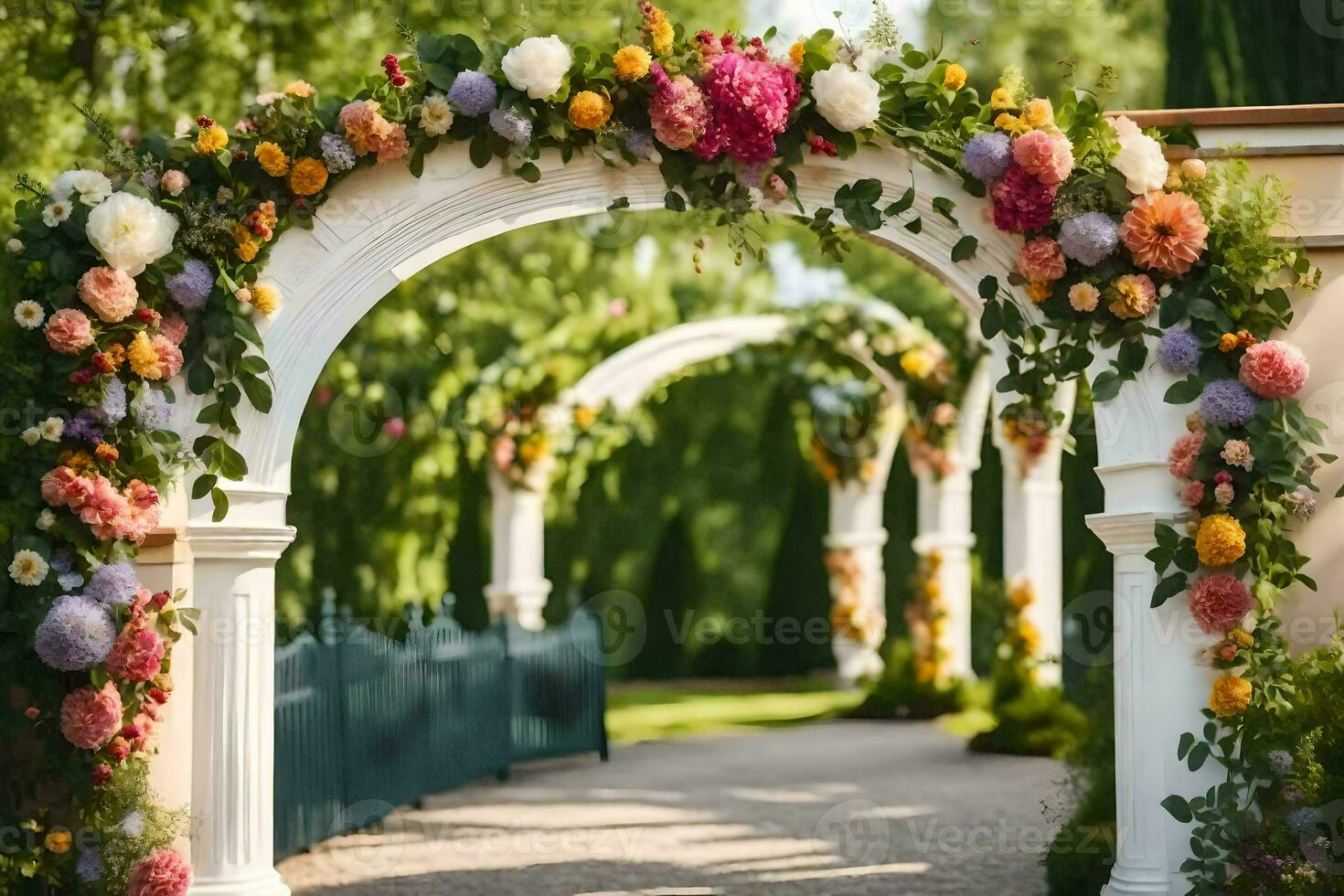 an archway with flowers and greenery. AI-Generated photo