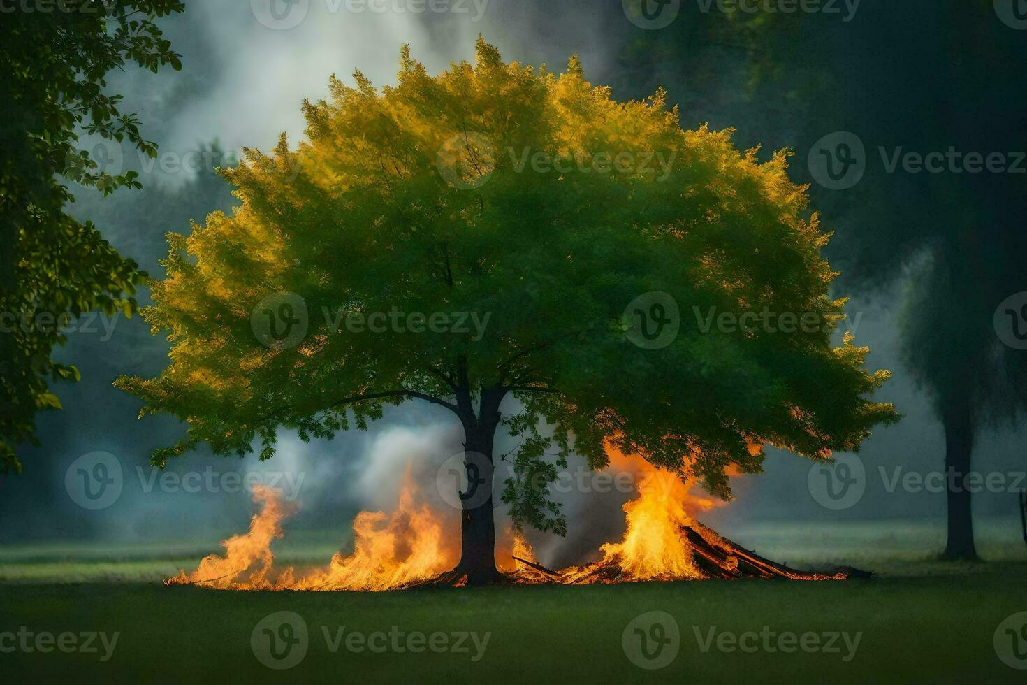 a tree with flames coming out of it in the middle of a field. AI-Generated photo