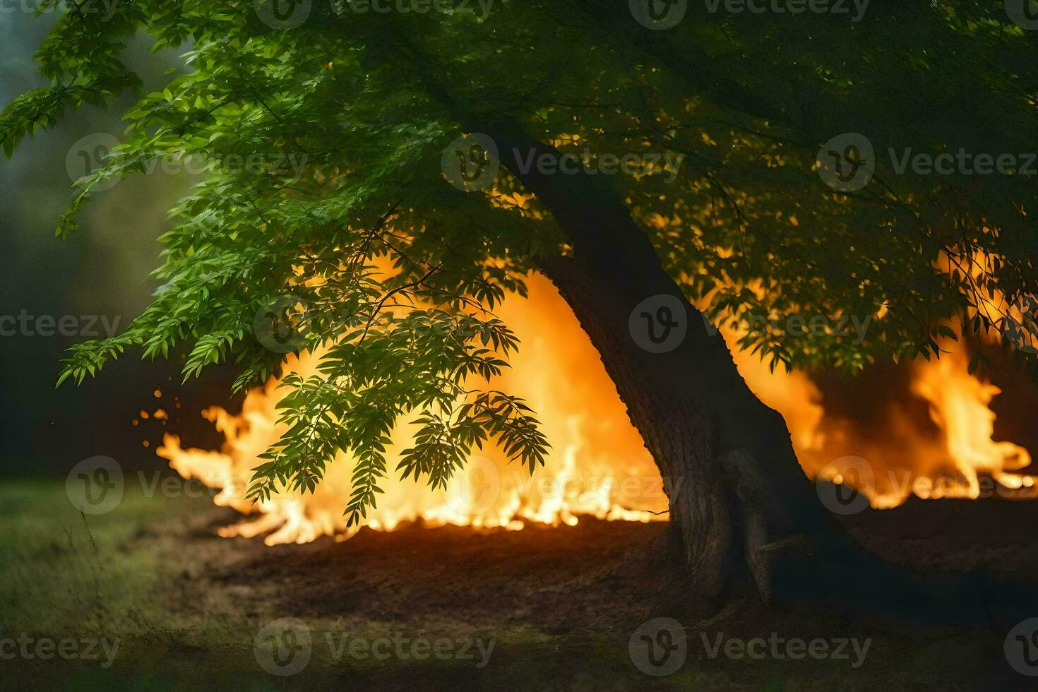 a tree is burning in the middle of a field. AI-Generated photo