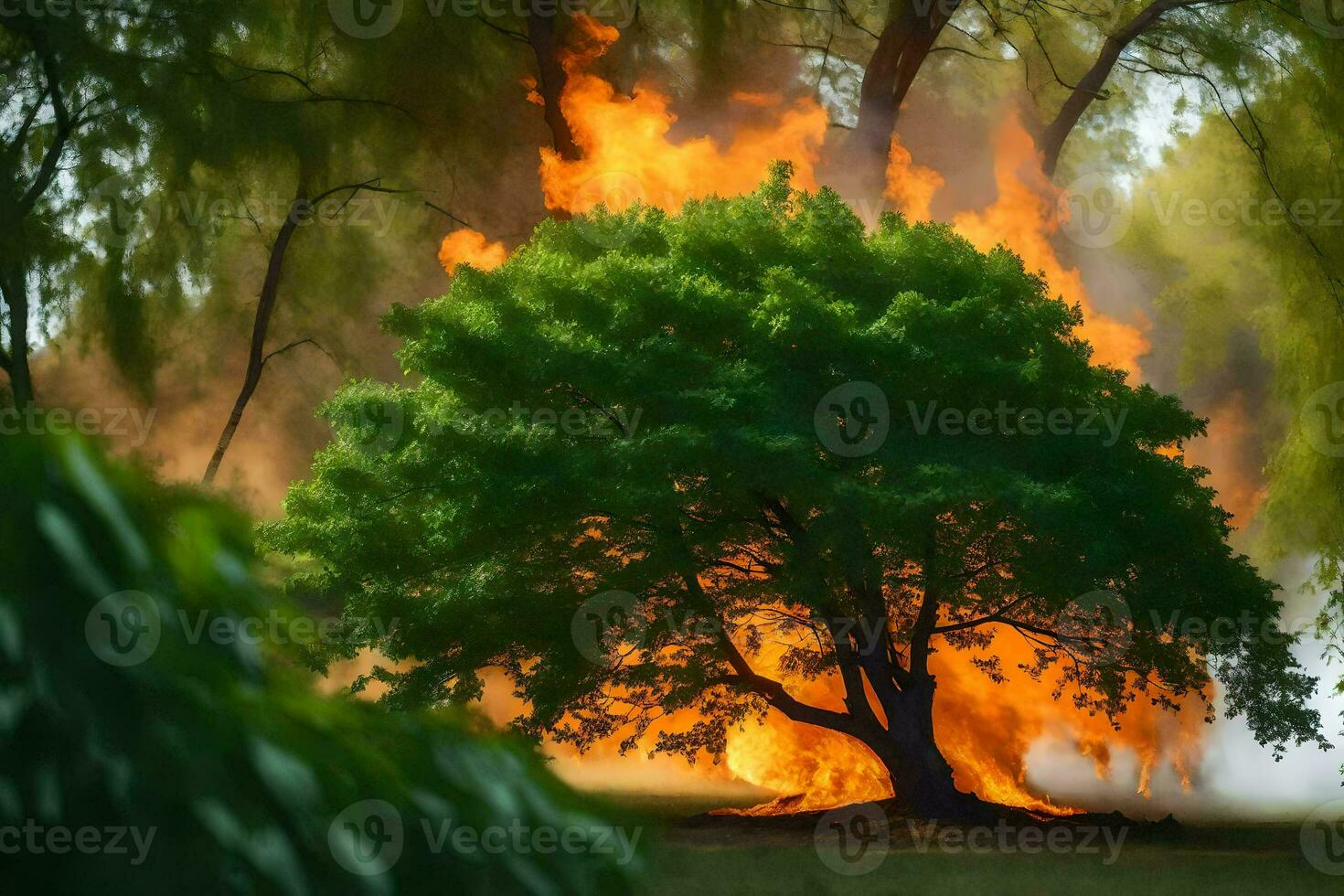 a tree is burning in the grass with smoke coming out of it. AI-Generated photo