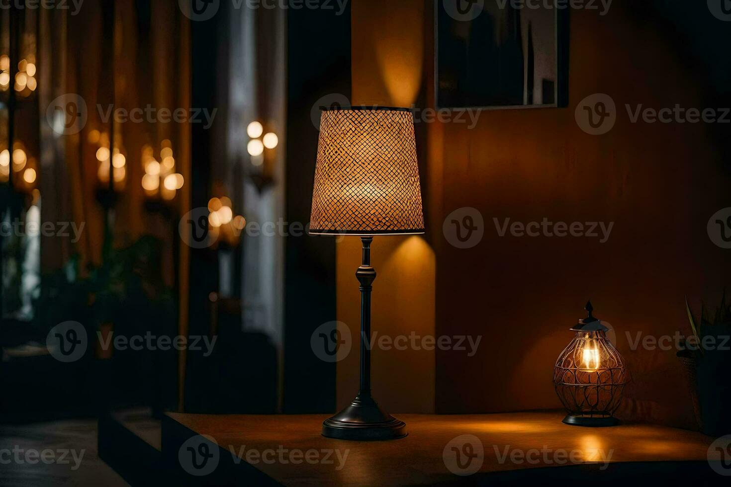 a table lamp and a candle on a table. AI-Generated photo