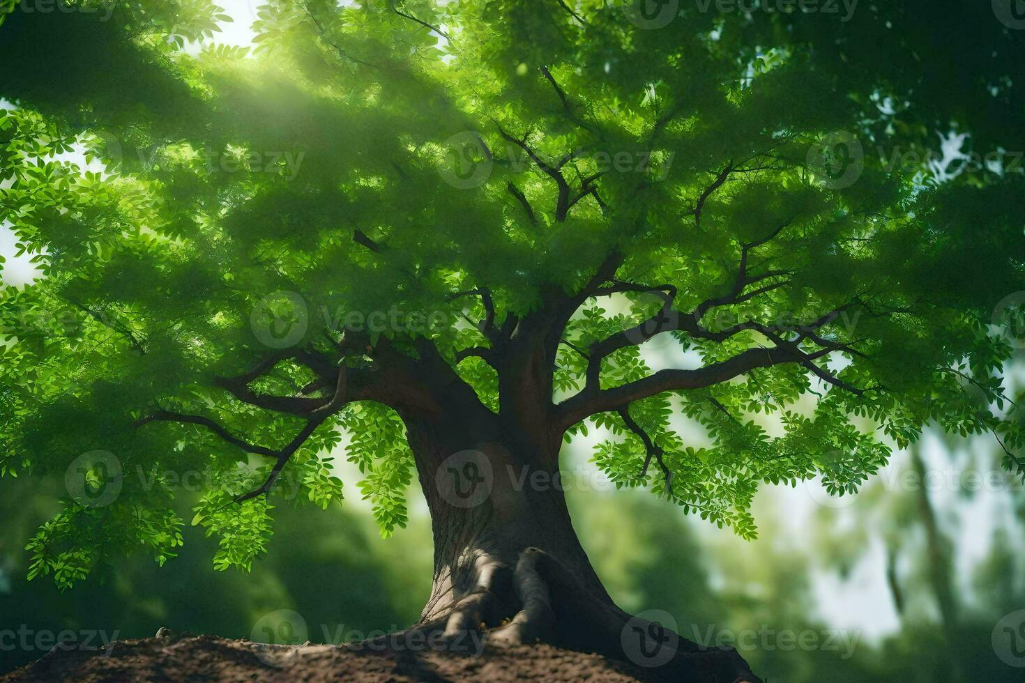 a tree with green leaves and sunlight shining through it. AI-Generated photo