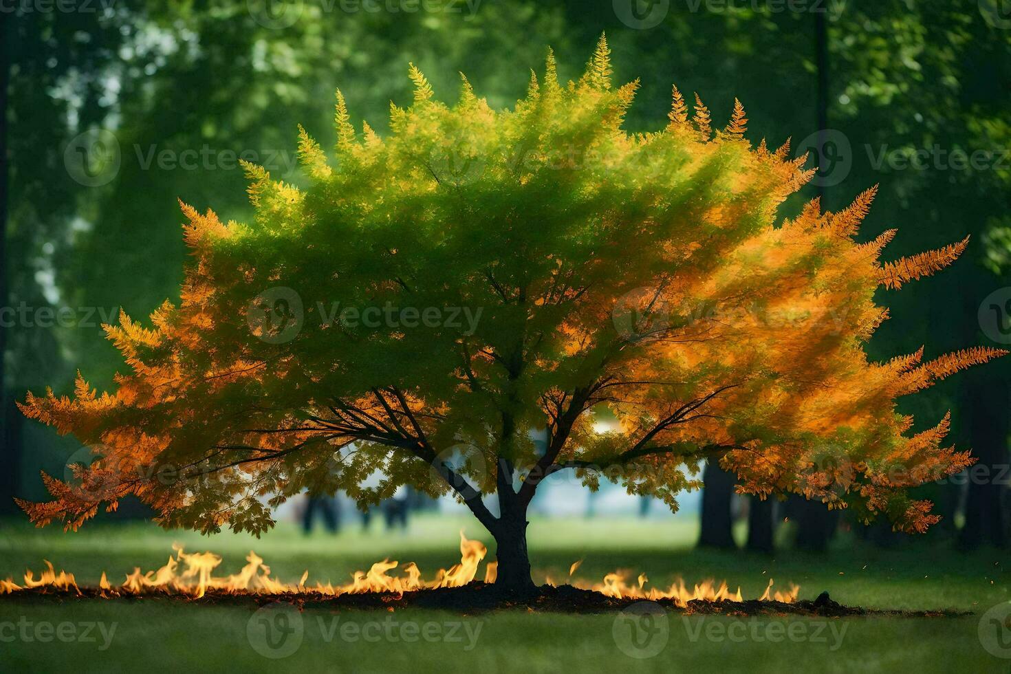 a tree with orange leaves and fire in the grass. AI-Generated photo