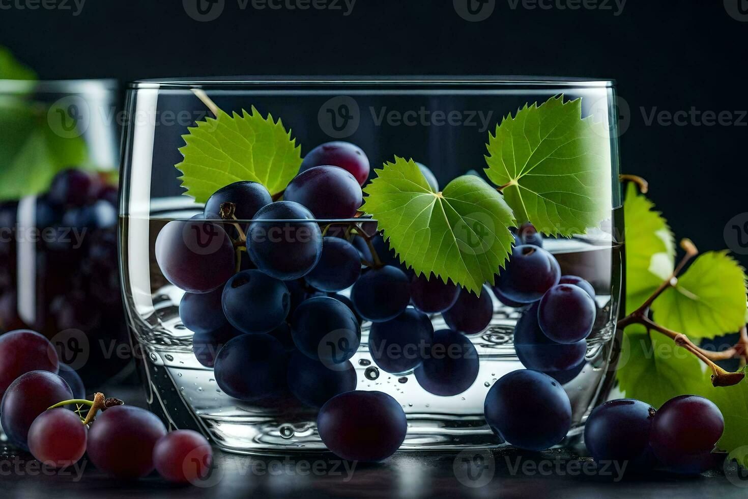 grapes in a glass with water on a dark background. AI-Generated photo
