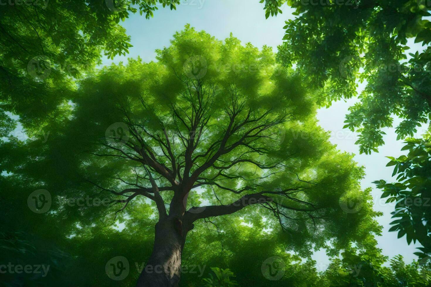 a tree is seen from above in a green forest. AI-Generated photo
