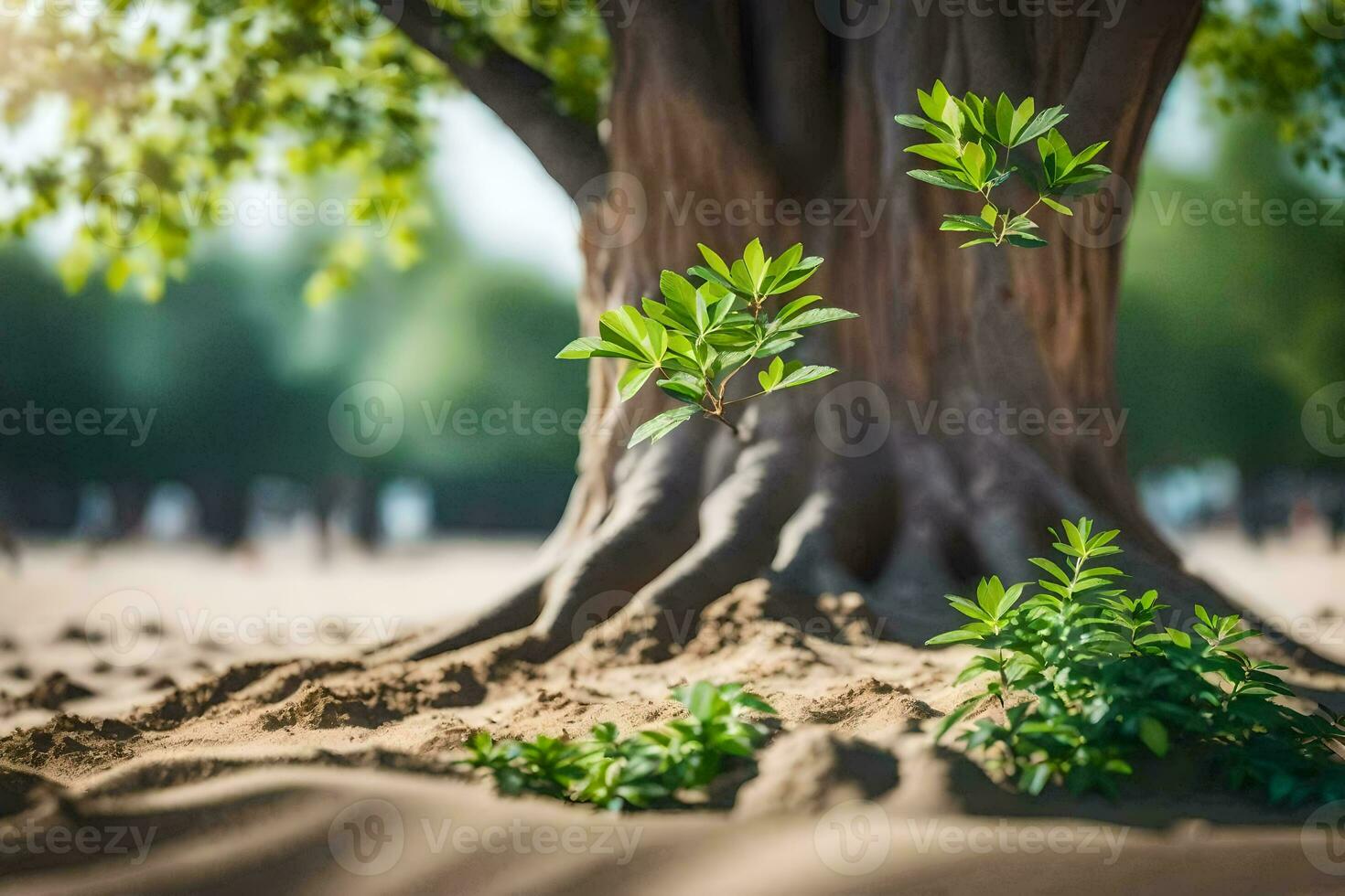 a tree with leaves growing out of the sand. AI-Generated photo