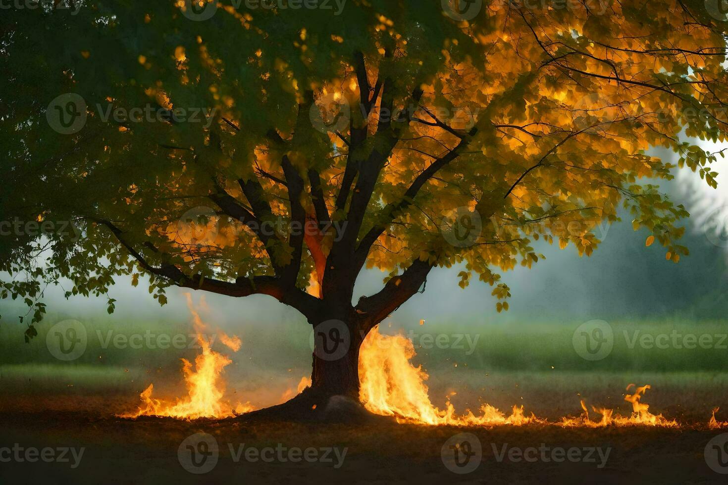 a tree with flames coming out of it in the middle of the field. AI-Generated photo