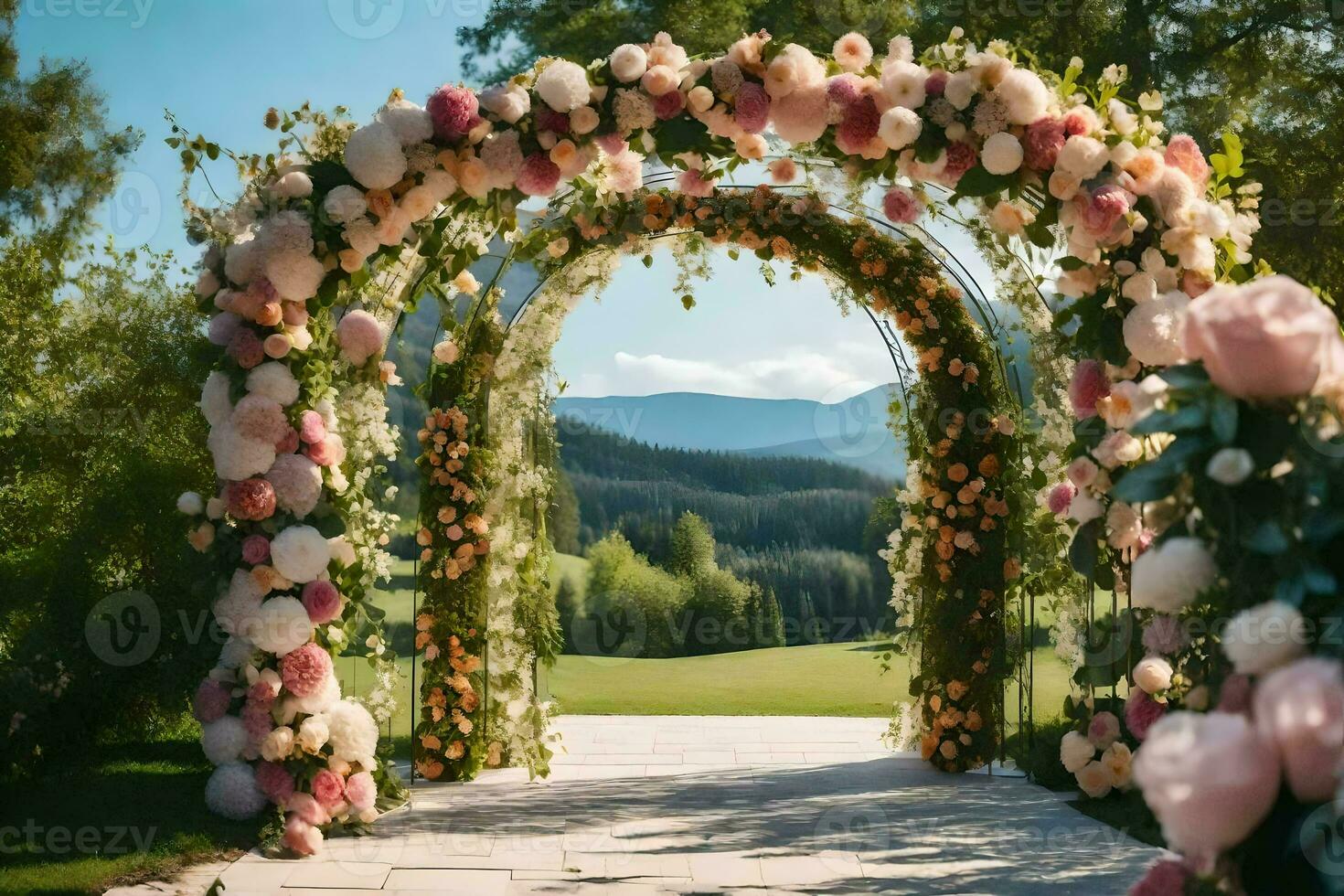 un Boda arco decorado con flores en el montañas. generado por ai foto