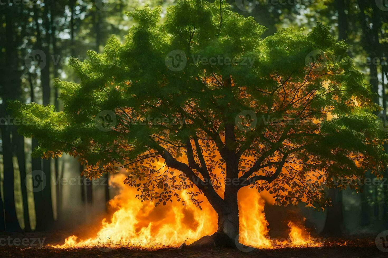 a tree is burning in the forest. AI-Generated photo