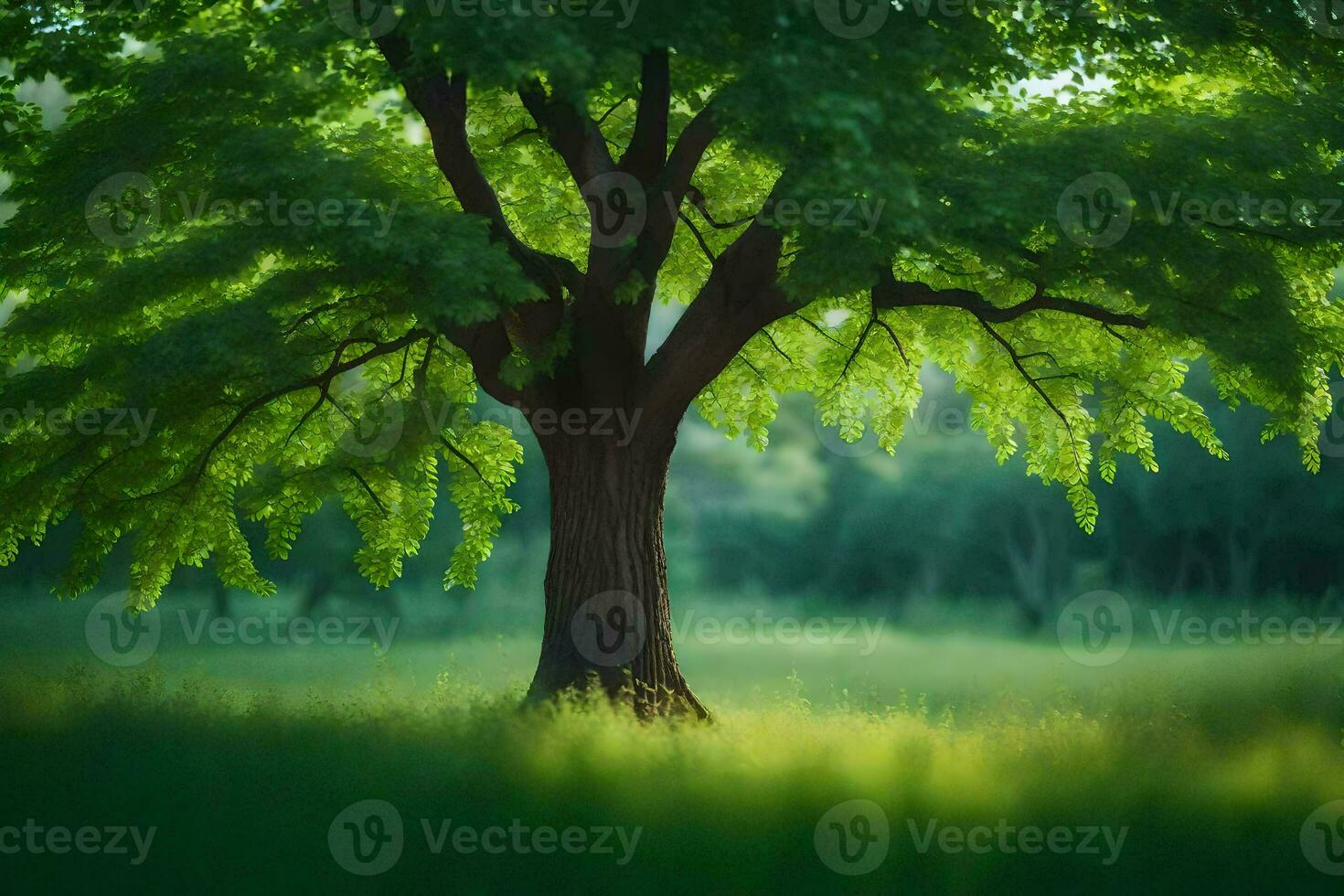 a tree in the middle of a green field. AI-Generated photo