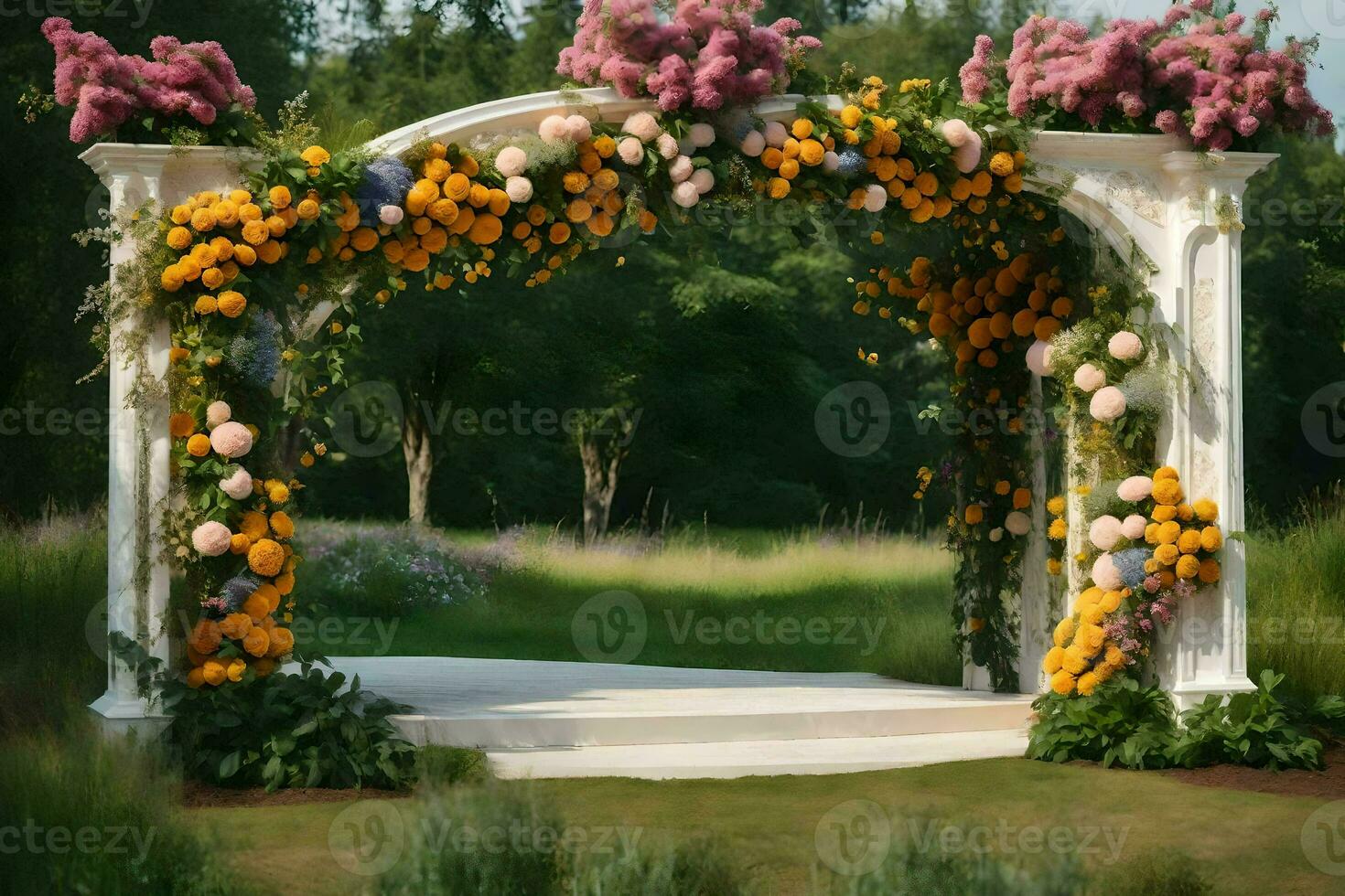 an archway with flowers and a white archway. AI-Generated photo