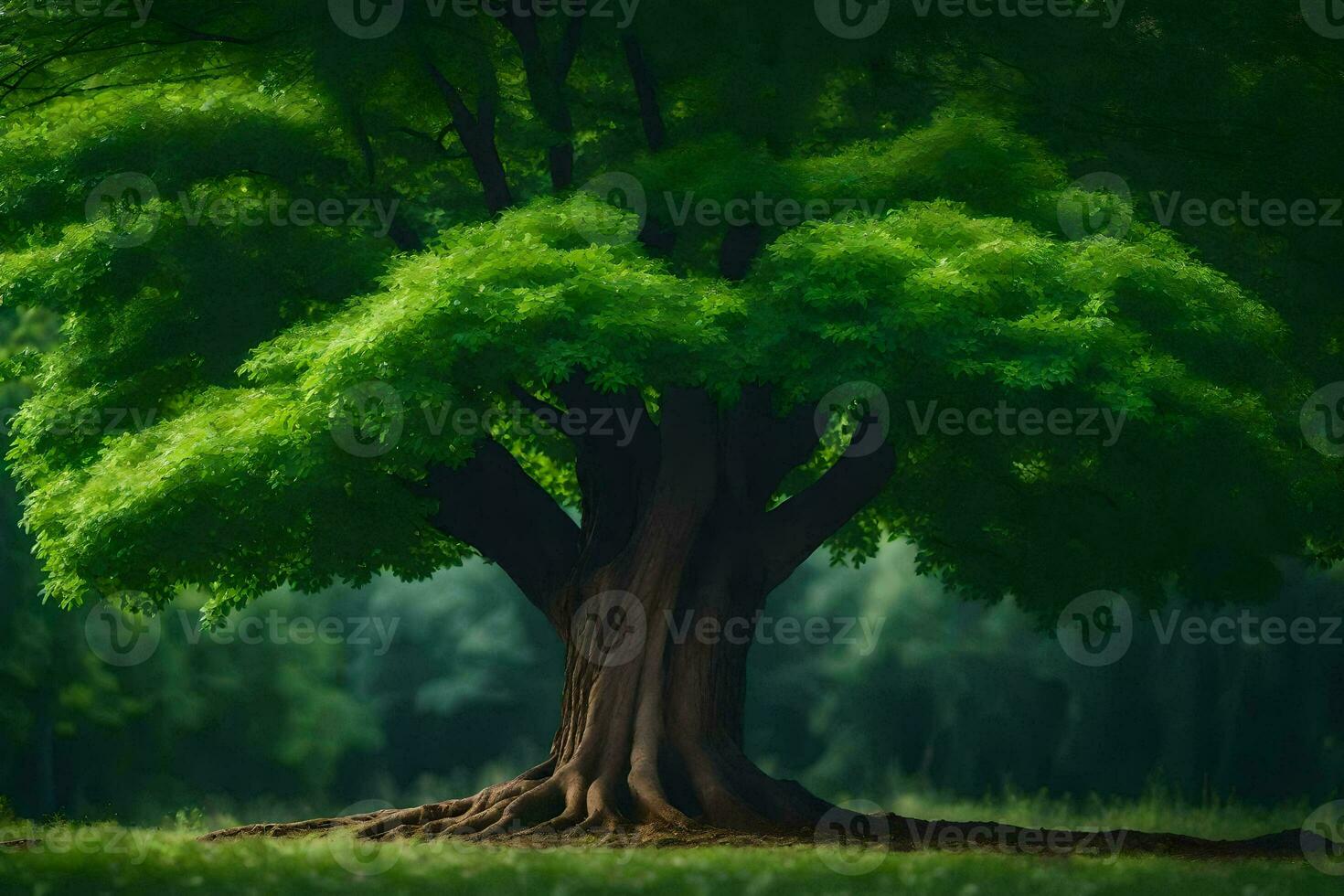 a large tree in the middle of a green field. AI-Generated photo