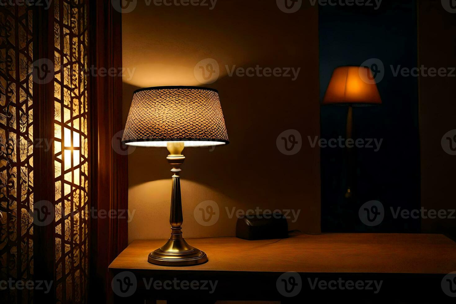 a lamp is on a table in front of a window. AI-Generated photo