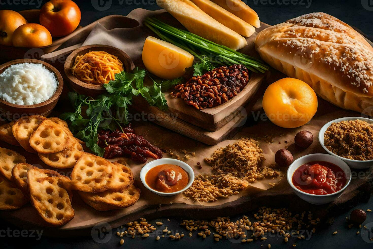 various ingredients on a wooden cutting board. AI-Generated photo