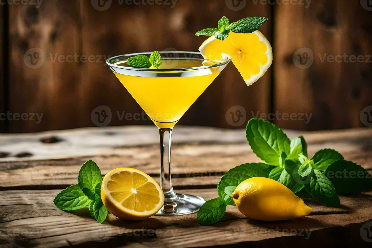 lemon martini with mint and lemon on a wooden table. AI-Generated photo