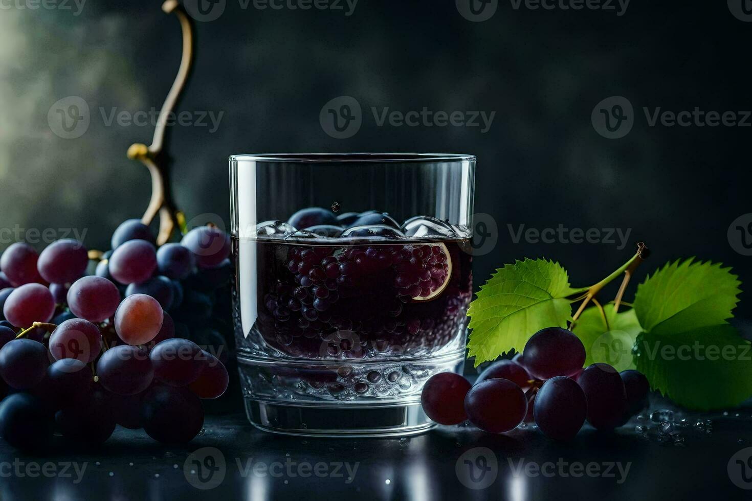 a glass of wine with grapes and leaves. AI-Generated photo