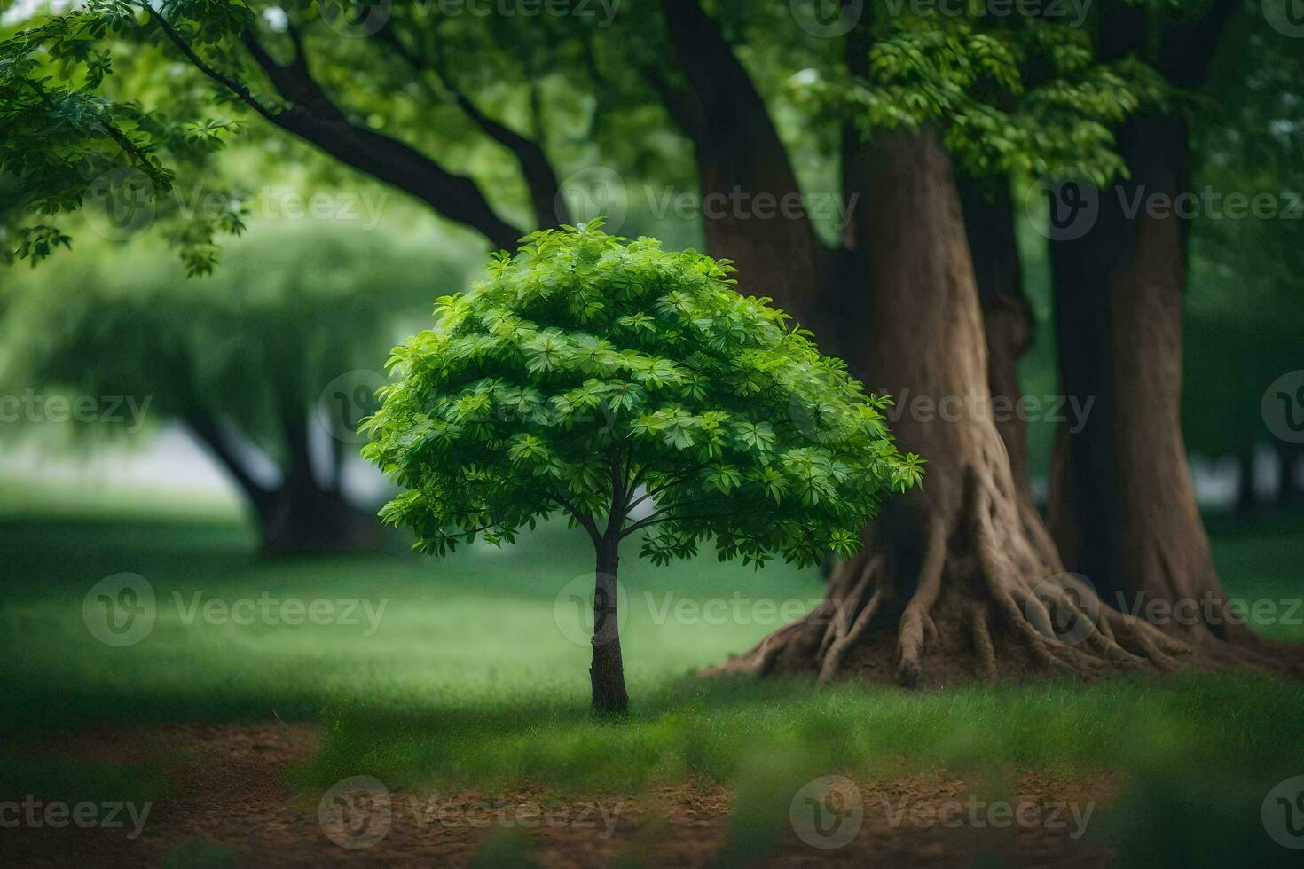 a small tree in the middle of a green field. AI-Generated photo