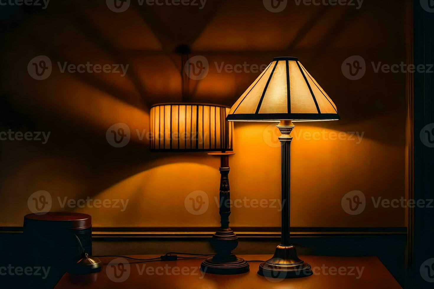 two lamps sit on a table in the dark. AI-Generated photo