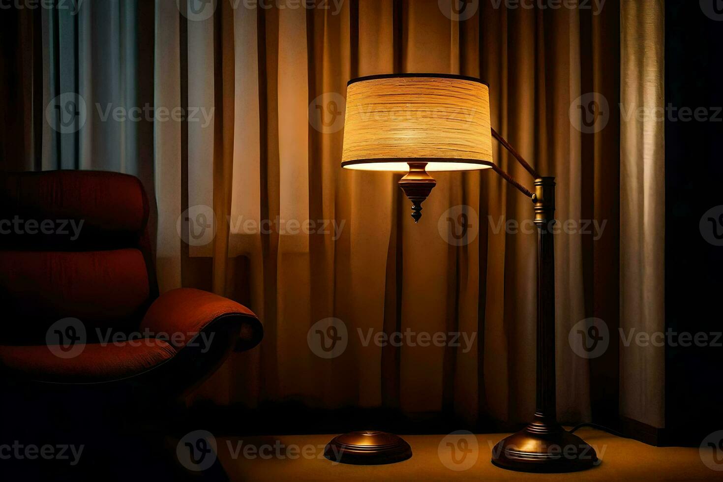 a lamp is sitting on a table next to a chair. AI-Generated photo
