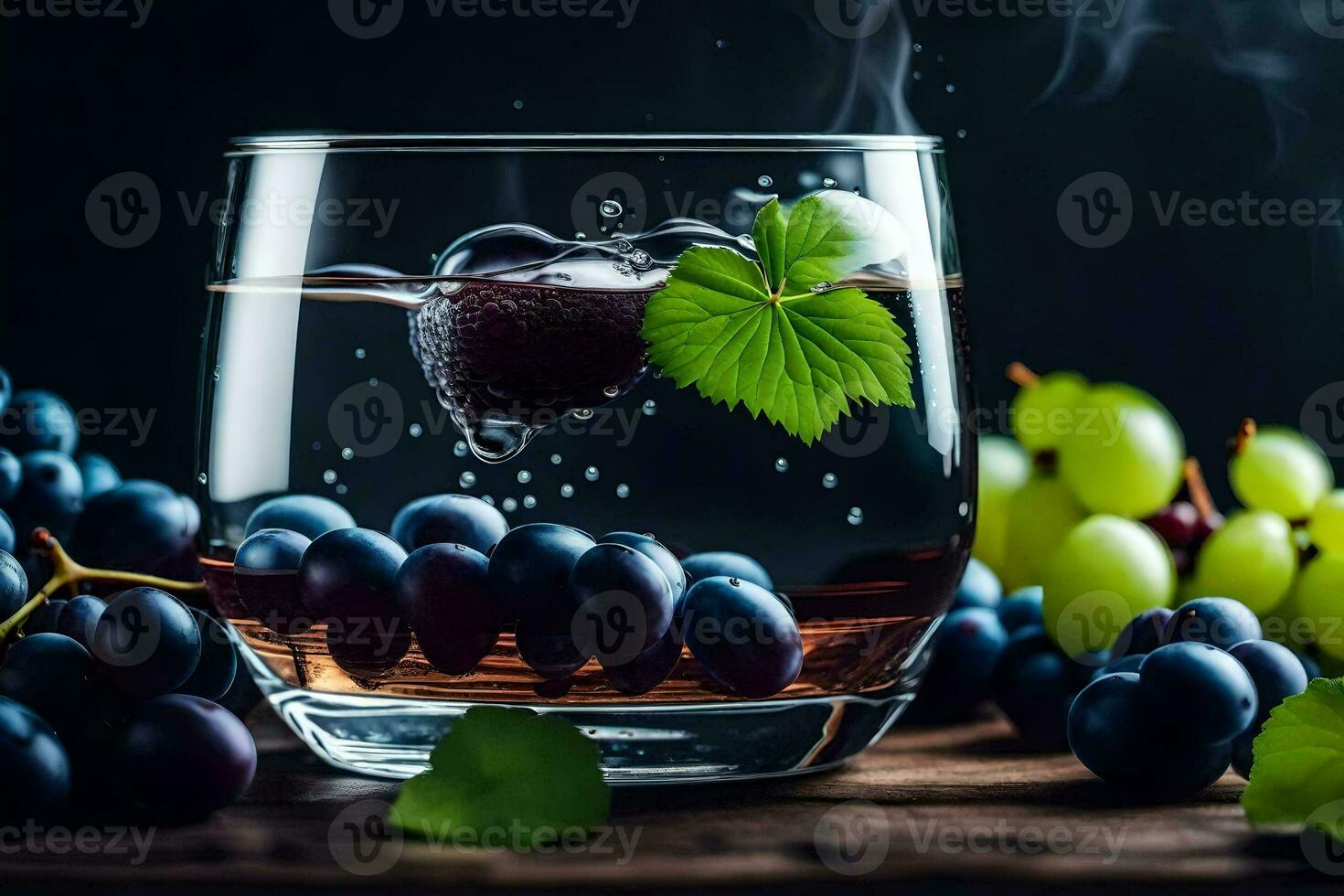 a glass of wine with grapes and leaves. AI-Generated photo