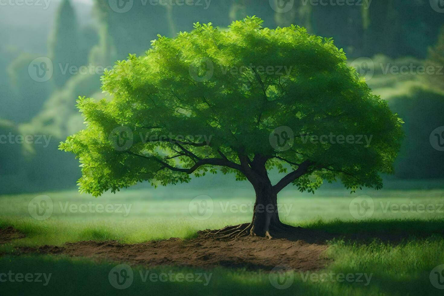 a tree is standing in the middle of a field. AI-Generated photo