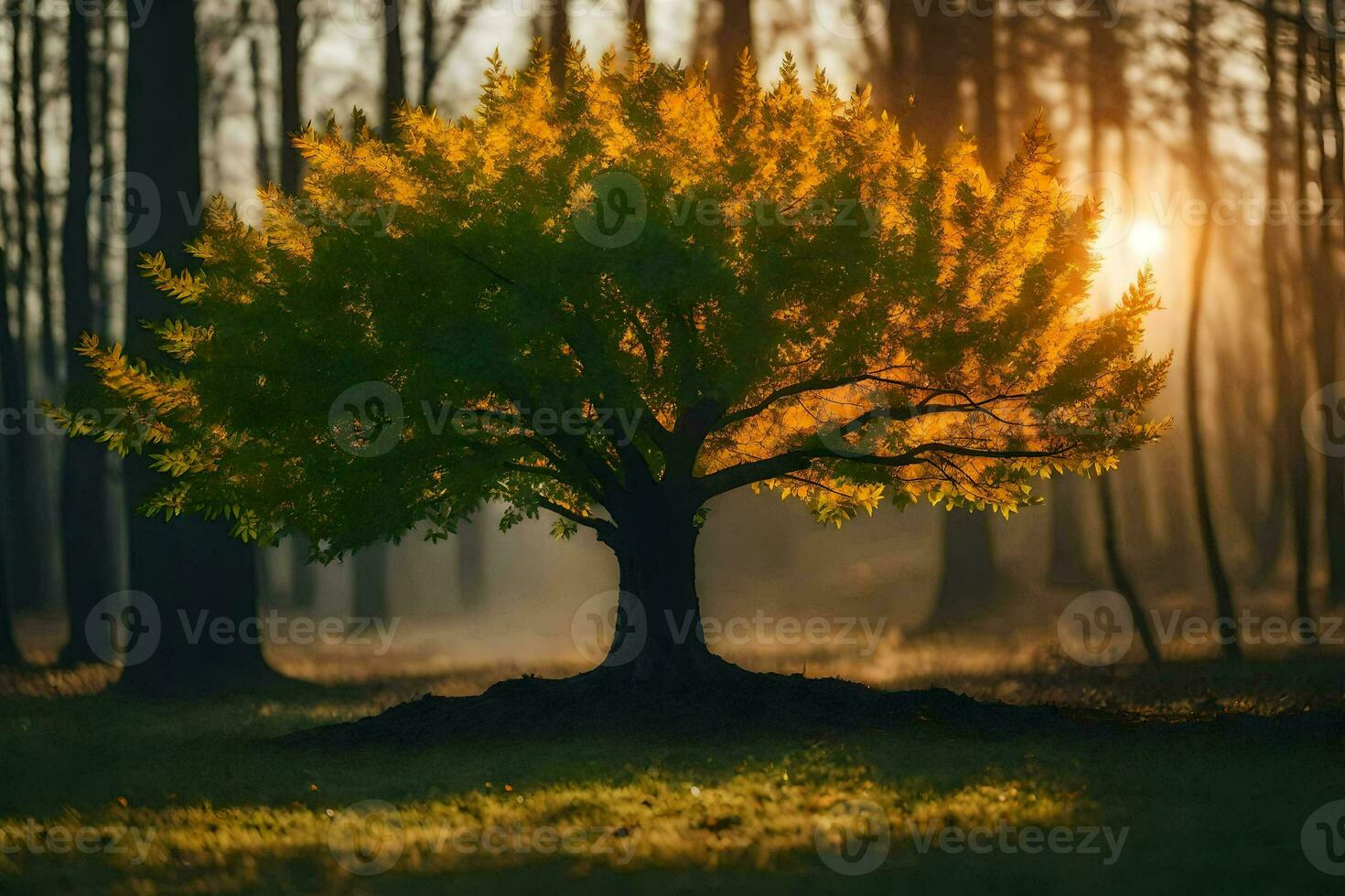 a tree in the middle of a forest at sunrise. AI-Generated photo