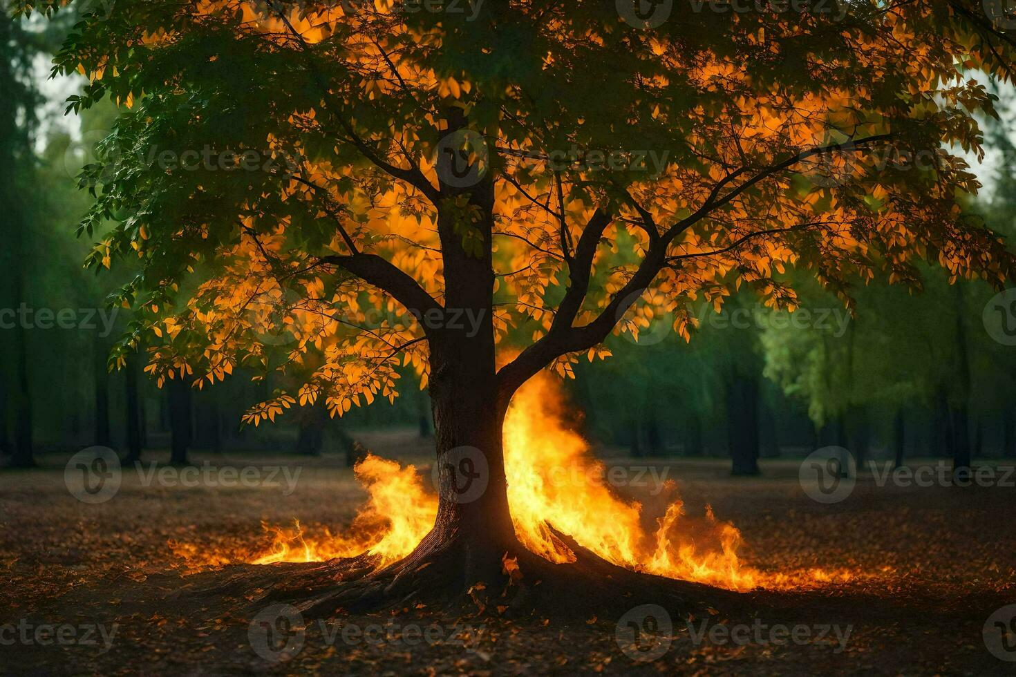a tree with flames coming out of it in the middle of a forest. AI-Generated photo