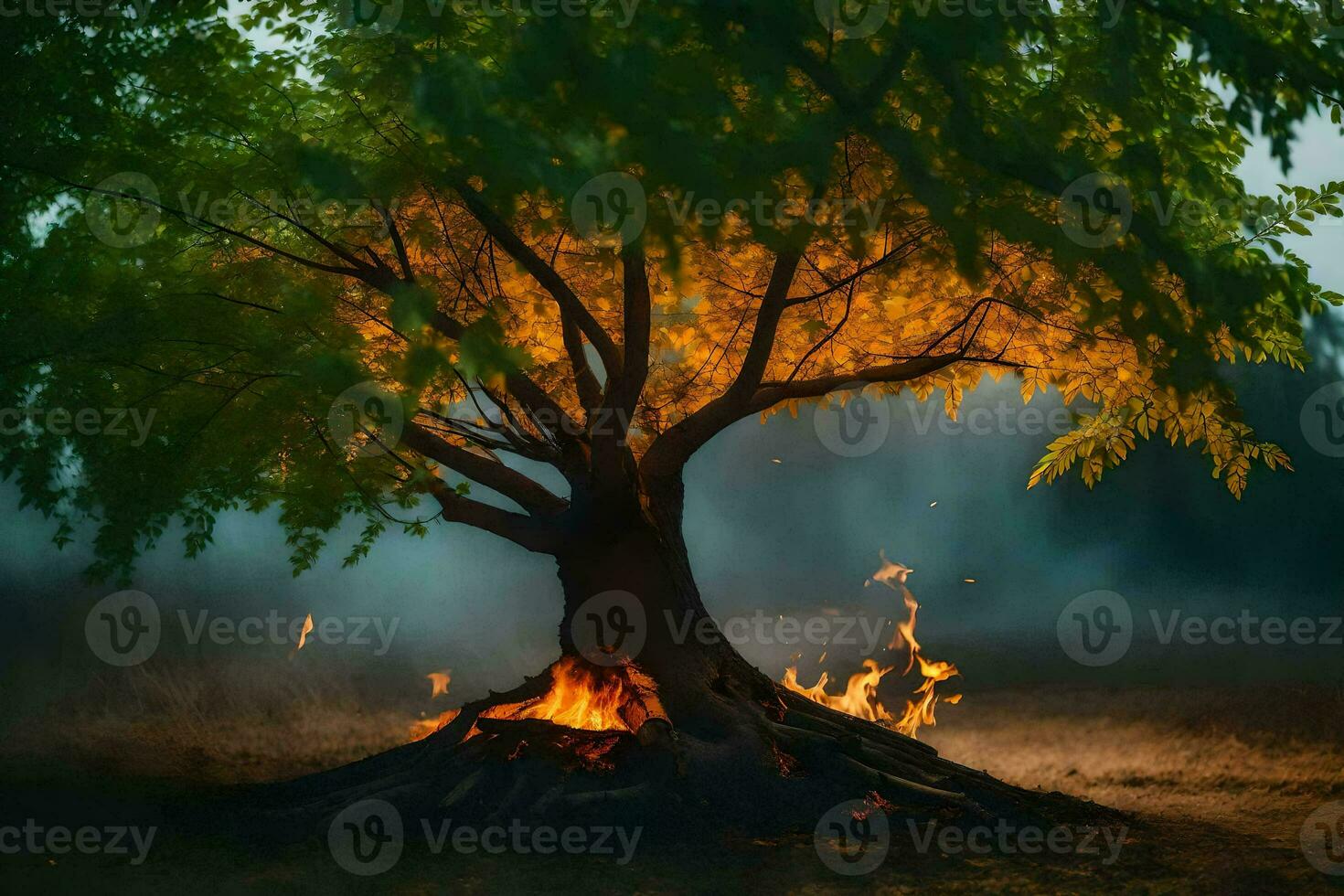 a tree with flames coming out of it in the middle of a field. AI-Generated photo