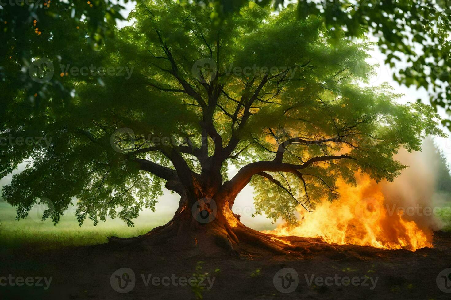 a large tree with flames coming out of it. AI-Generated photo