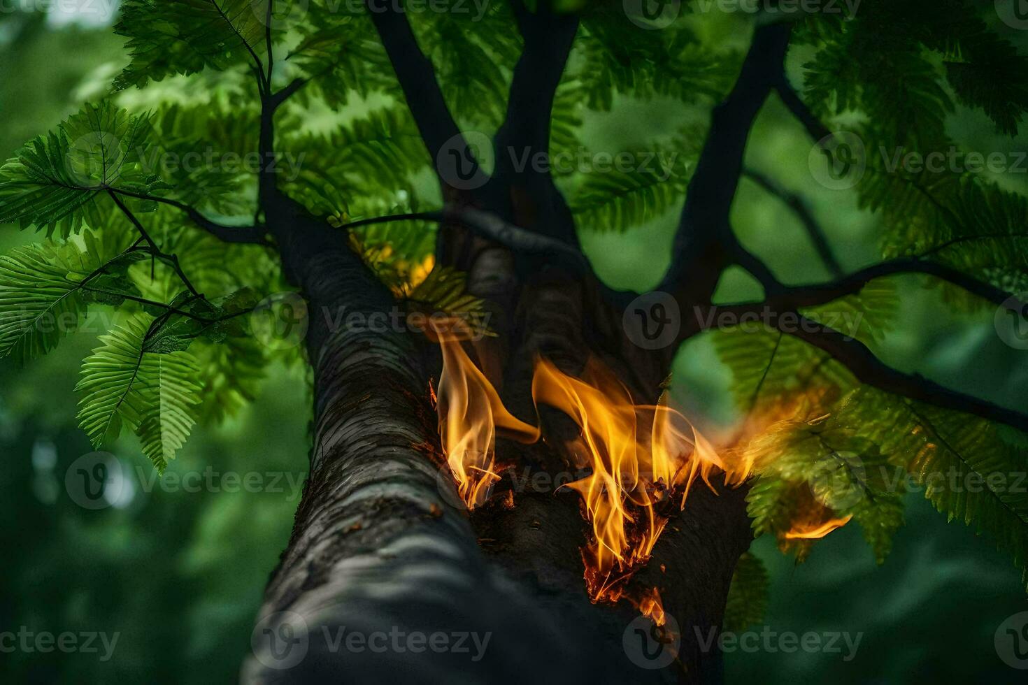 a tree with flames coming from it. AI-Generated photo